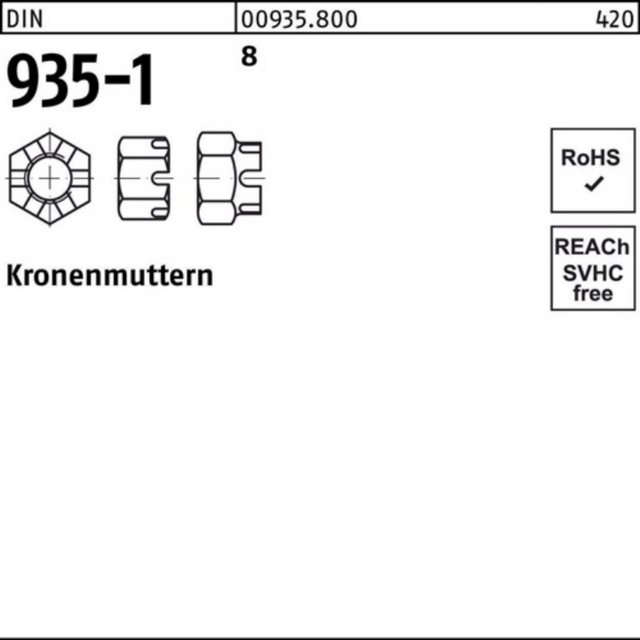 Bild von Reyher Kronenmutter 100er Pack 009358000390000 Kronenmutter DIN 935-1 M 39 8