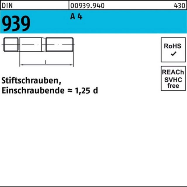 Bild von 25 Stk. Stiftschraube DIN 939 M8x 80 A 4 Einschraubende=1,25d 25 Stück Noname