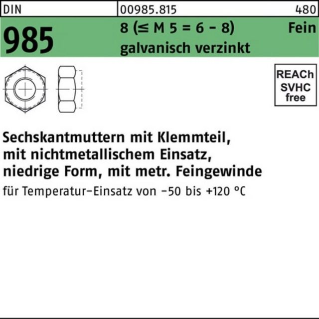 Bild von Reyher Muttern 100er Pack Sechskantmutter M 22 x 2 DIN 985 m.Klemmteil 8 (M 5 = 6/8