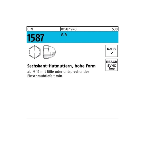 Bild von Reyher Hutmutter 100er Pack - Sechskanthutmutter M 16 DIN 1587 A4