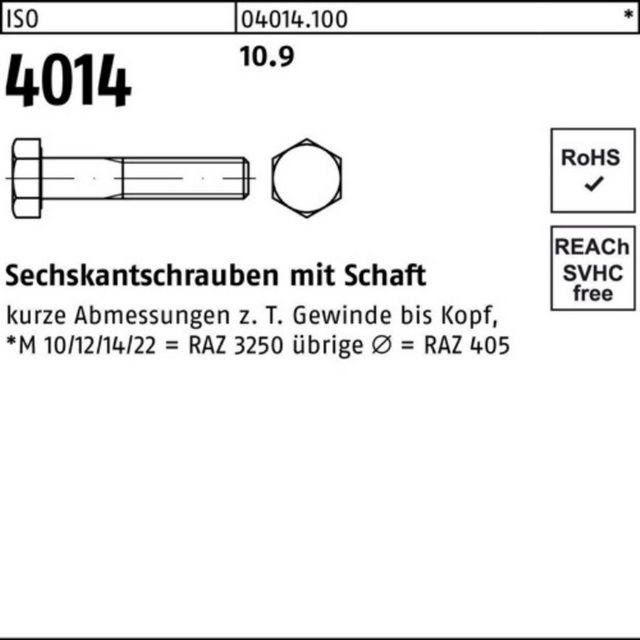 Bild von Bufab Sechskantschraube 100er Pack Sechskantschraube M 8 x 190 ISO 4014 m.Schaft 44449