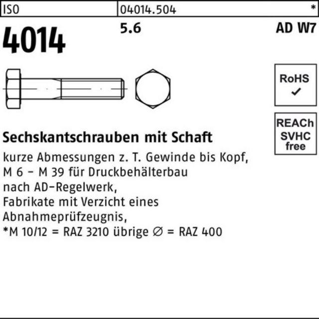 Bild von Bufab Sechskantschraube 200er Pack Sechskantschraube M 6 x 60 ISO 4014 m.Schaft 5.6 W7
