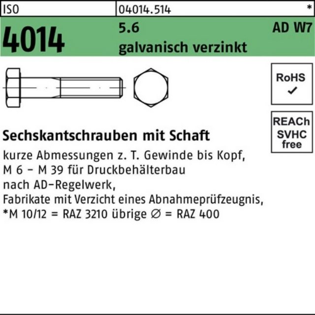 Bild von Bufab Sechskantschraube 100er Pack Sechskantschraube M 30 x 130 ISO 4014 m.Schaft 5.6 W7 galva