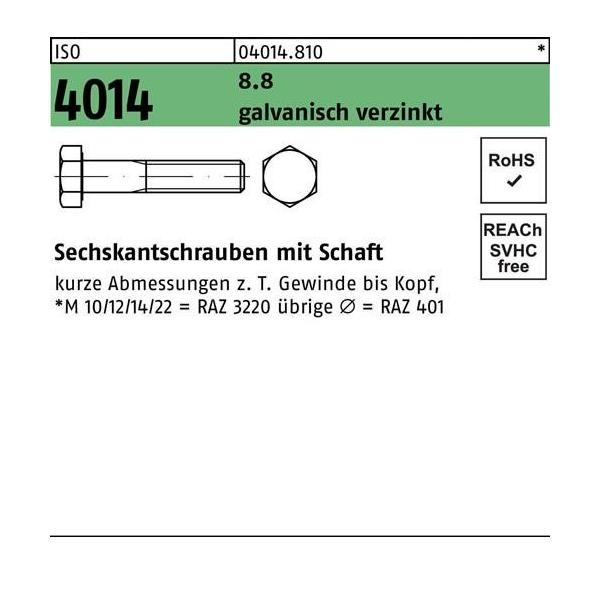 Bild von Sechskantschraube mit Schaft ISO 4014 Stahl 8.8 galvanisch verzinkt M8 x 60mm
