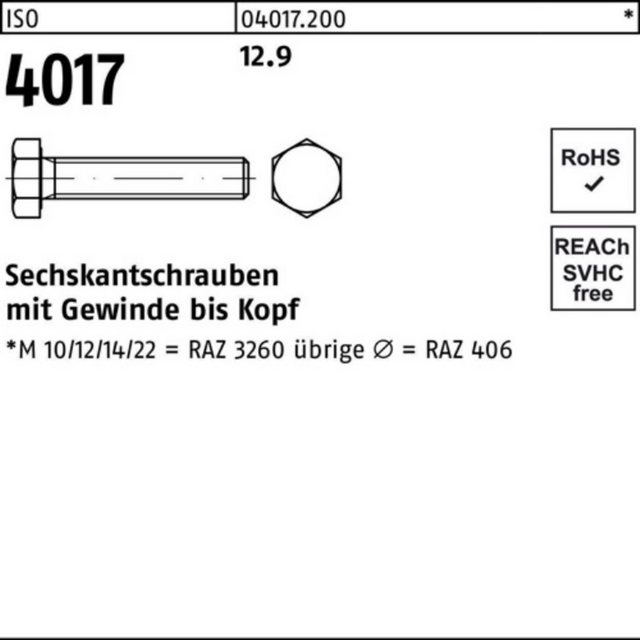 Bild von Bufab Sechskantschraube 100er Pack 040172000120035 Sechskantschraube ISO 4017 VG M 12 x 35 12.