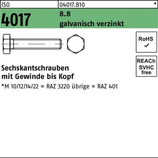 Bild von Bufab Sechskantschraube 200er Pack 040178100100012 Sechskantschraube ISO 4017 VG M 10 x 12 8.8