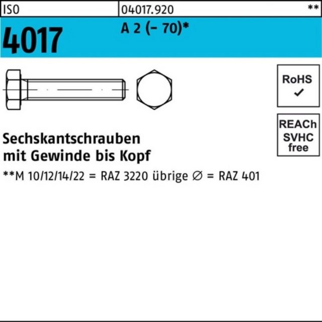 Bild von Bufab Sechskantschraube 100er Pack 040179200120060 Sechskantschraube ISO 4017 VG M 12 x 60 A 2