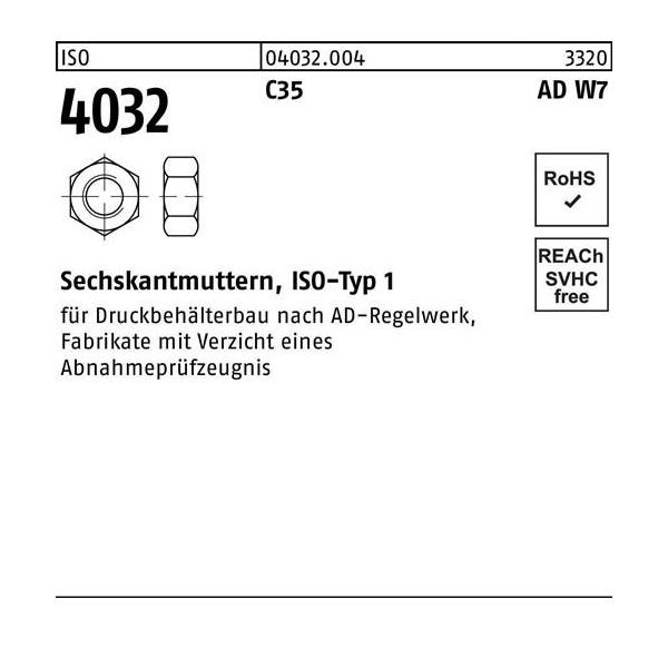 Bild von Bufab, Muttern + Unterlegscheiben, Sechskantmutter ISO 4032 M 20 1.0501 (C35) AD W7 (M20)
