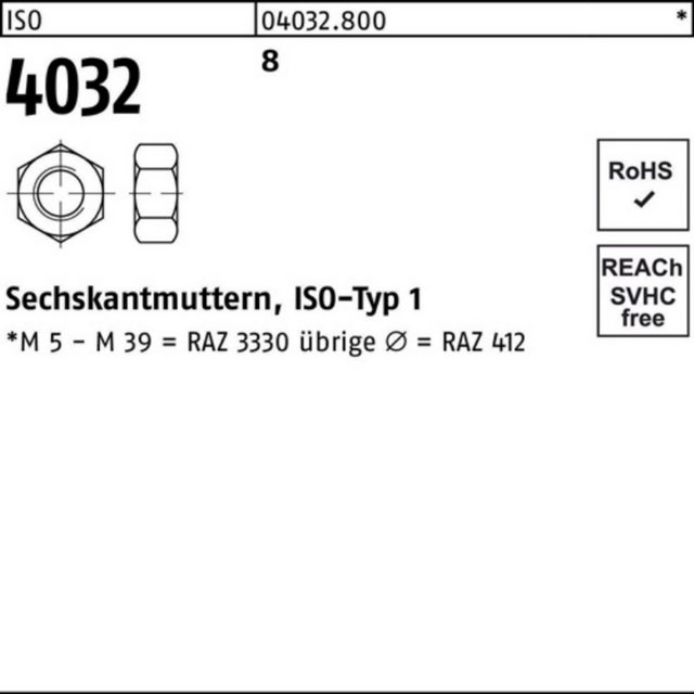 Bild von Bufab Muttern 100er Pack 040328000220000 Sechskantmutter ISO 4032 M 22 8