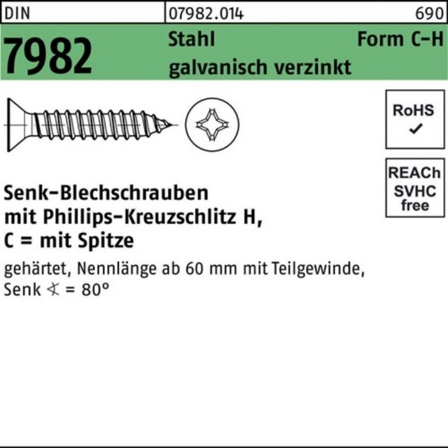 Bild von Reyher Schraube 100er Pack Senkblechschraube C 3,9 x 9,5-H DIN 7982 m.Kreuzschlitz-PH