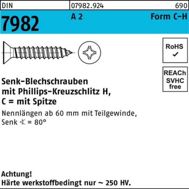 Bild von Reyher Schraube 500er Pack Senkblechschraube C 4,8 x 19 -H DIN 7982 m.Kreuzschlitz-PH