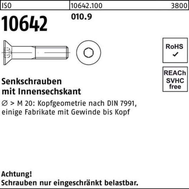 Bild von Reyher Senkschraube 500er Pack 106421000060014 Senkschraube ISO 10642 Innensechskant M 6 x
