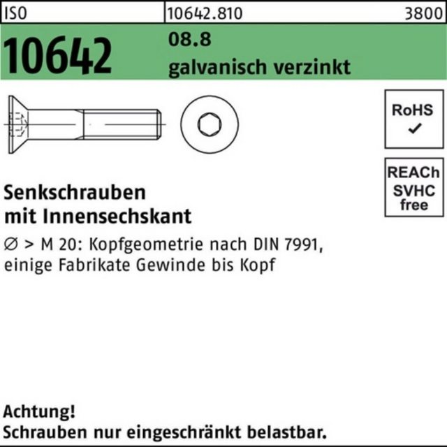 Bild von Reyher Senkschraube 100er Pack 106428100100050 Senkschraube ISO 10642 Innensechskant M 10