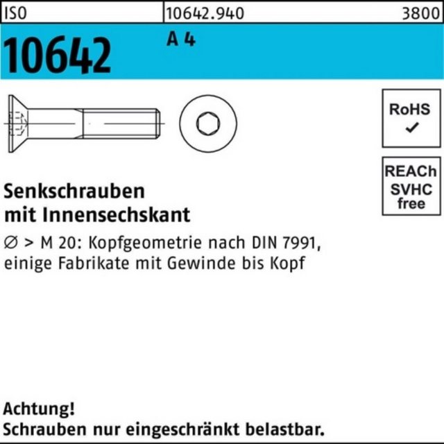 Bild von Reyher Senkschraube 100er Pack 106429400060070 Senkschraube ISO 10642 Innensechskant M 6 x
