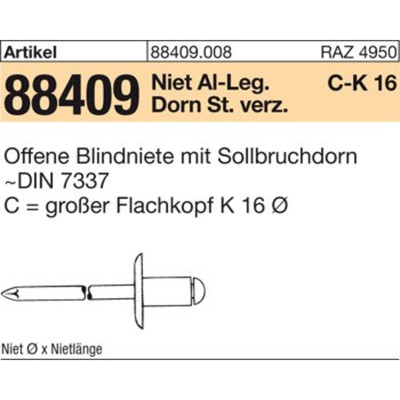 Bild von ART 88409 Blindniete Alu/St. verz. FLAKO K 9,5 3,2 x 12 S