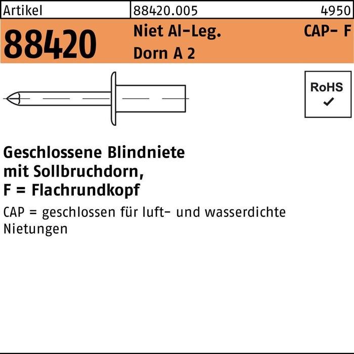 Bild von 250 Stk. Gesipa Blindniete R 88420 Flachrundkopf 4,8x 21 Niet Aluminium/Dorn A 2