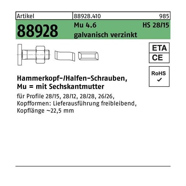 Bild von 50 Stk. Halfen Hammerkopfschraube R 88928 28/15 6-ktmutter M10x125 Mu4.6