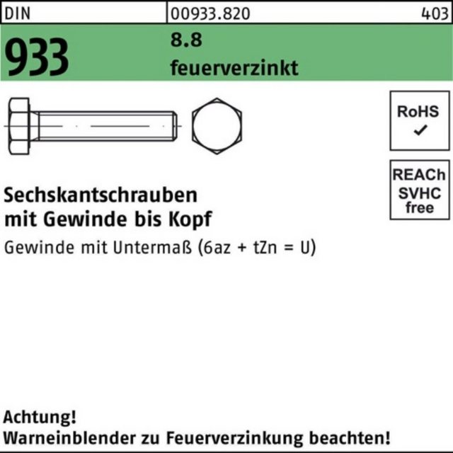 Bild von Reyher Sechskantschraube 100er Pack 009338200160220 Sechskantschraube DIN 933 VG M 16 x 220 8.8