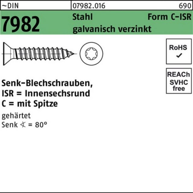 Bild von Reyher, Schrauben, Senkblechschraube DIN 7982 m.Innensechsrund/Spitze 4,8 x 90 -C-T25 Stahl galvanisch verzinkt (250 Schrauben pro Stück)
