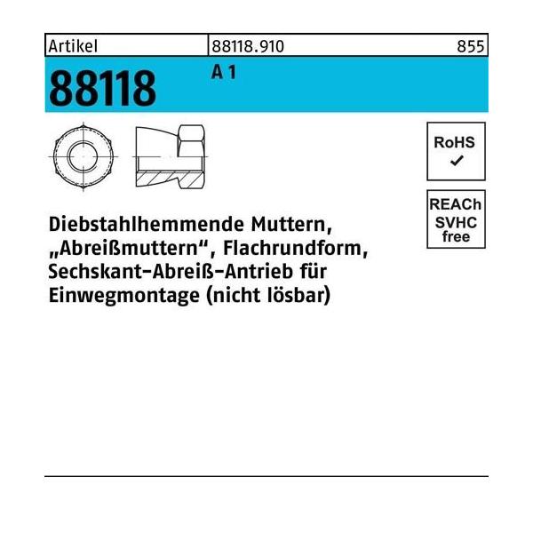 Bild von 100 Stk. Mutter R 88118 diebstahlhemmend M16x 14 A 1 100 Stück Noname