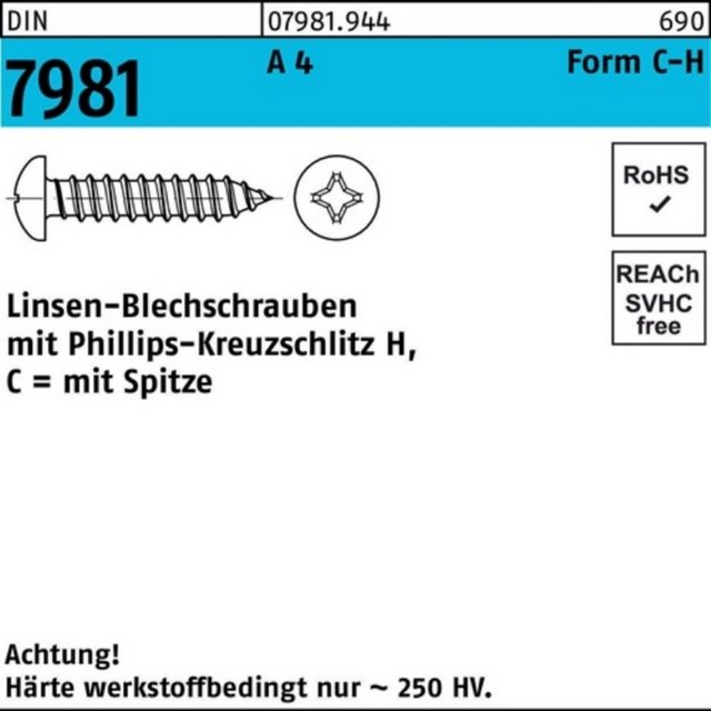 Bild von Reyher Blechschraube 500er Pack Blechschraube C 4,2 x 38 -H DIN 7981 LIKO m.Kreuzschlitz-PH