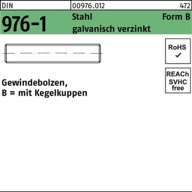 Bild von Zubehör Befestigungstechnik, Gewindebolzen DIN 976 m.Kegelkuppen BM 10 x 190 Stahl galvanisch verzinkt