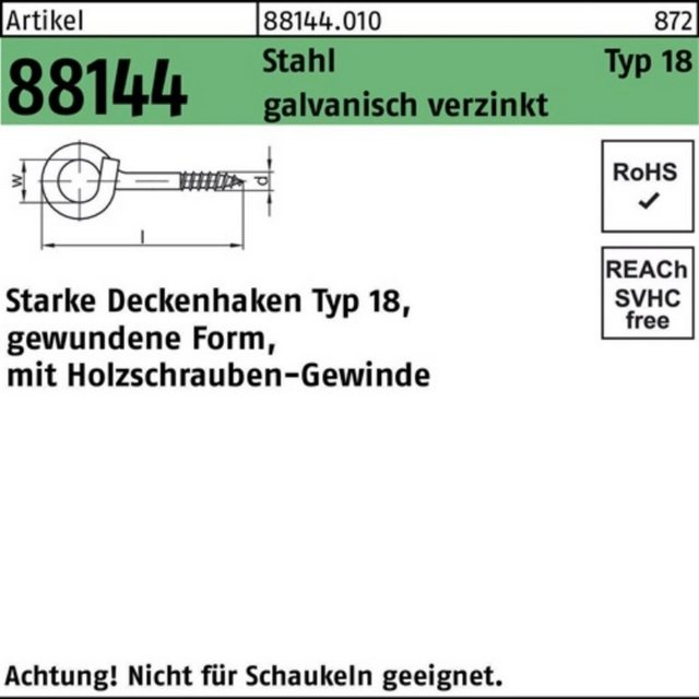 Bild von Reyher Deckenhaken 100er Pack Deckenhaken 100 x 8,2 x 22 R 88144 Typ 18 Stahl galvanisch