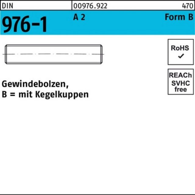 Bild von Reyher Gewindebolzen 100er Pack Gewindebolzen DIN 976 m.Kegelkuppen BM 8 x 25 A 2