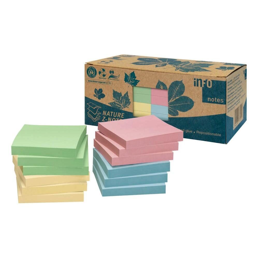 Bild von inFO Notes 100% Recycling Haftnotizen, pastellmix, zertifiziert mit dem Blauen Engel, 100 Blatt pro Block, 12 Blöcke in Recycling Box verpackt, 75 x 75 mm