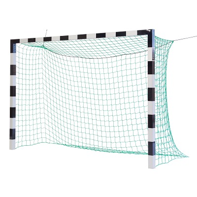 Bild von Sport-Thieme Handballtor in Bodenhülsen stehend mit patentierter Eckverbindung, Schwarz-Silber, Mit anklappbaren Netzbügeln