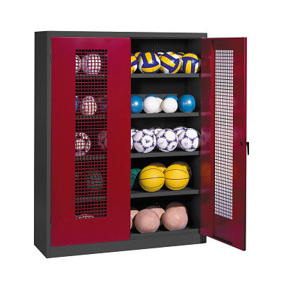 Bild von C+P Ballschrank mit Lochblech-Flügeltüren (Typ 3), HxBxT 195x150x50 cm, Rubinrot (RAL 3003), Einzelschließung