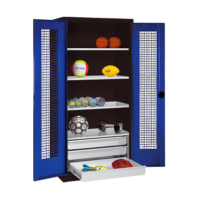 Bild von C+P Sportgeräteschrank mit Schubladen und Lochblech-Flügeltüren (Typ 4),  HxBxT 195x120x50 cm, Ergo-Lock Muldengriff, Einzelschließung
