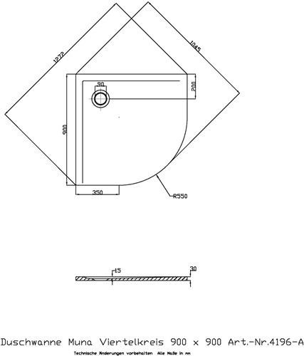 Bild von HOESCH Badewanne Viertelkreis-Duschwanne MUNA 900x900x30mm weiß 900 x 900 x 30 mm weiß