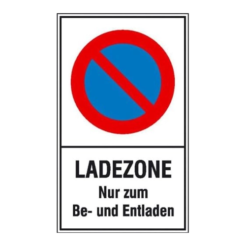 Bild von Haltverbotsschild »Symbol: Eingeschränktes Haltverbot, Text: Ladezone Nur zum Be- und Entladen«