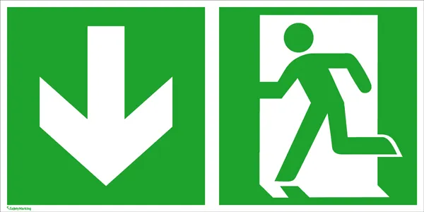 Bild von SafetyMarking, Sicherheitskennzeichnung, Fluchtwegschild Aluminium Notausgang links, Richtungsangabe abwärts SafetyMarki