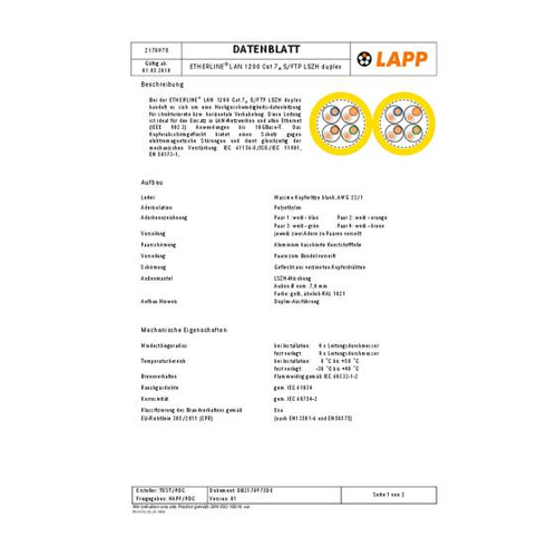 Bild von LAPP 2170975/500 Datenkabel 500m – ETHERLINE LAN 1200 Cat.7A