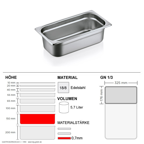 Bild von Gastronorm Behälter GN 1/3 - 150mm - GN90 - 18/8 Edelstahl - 0,7mm