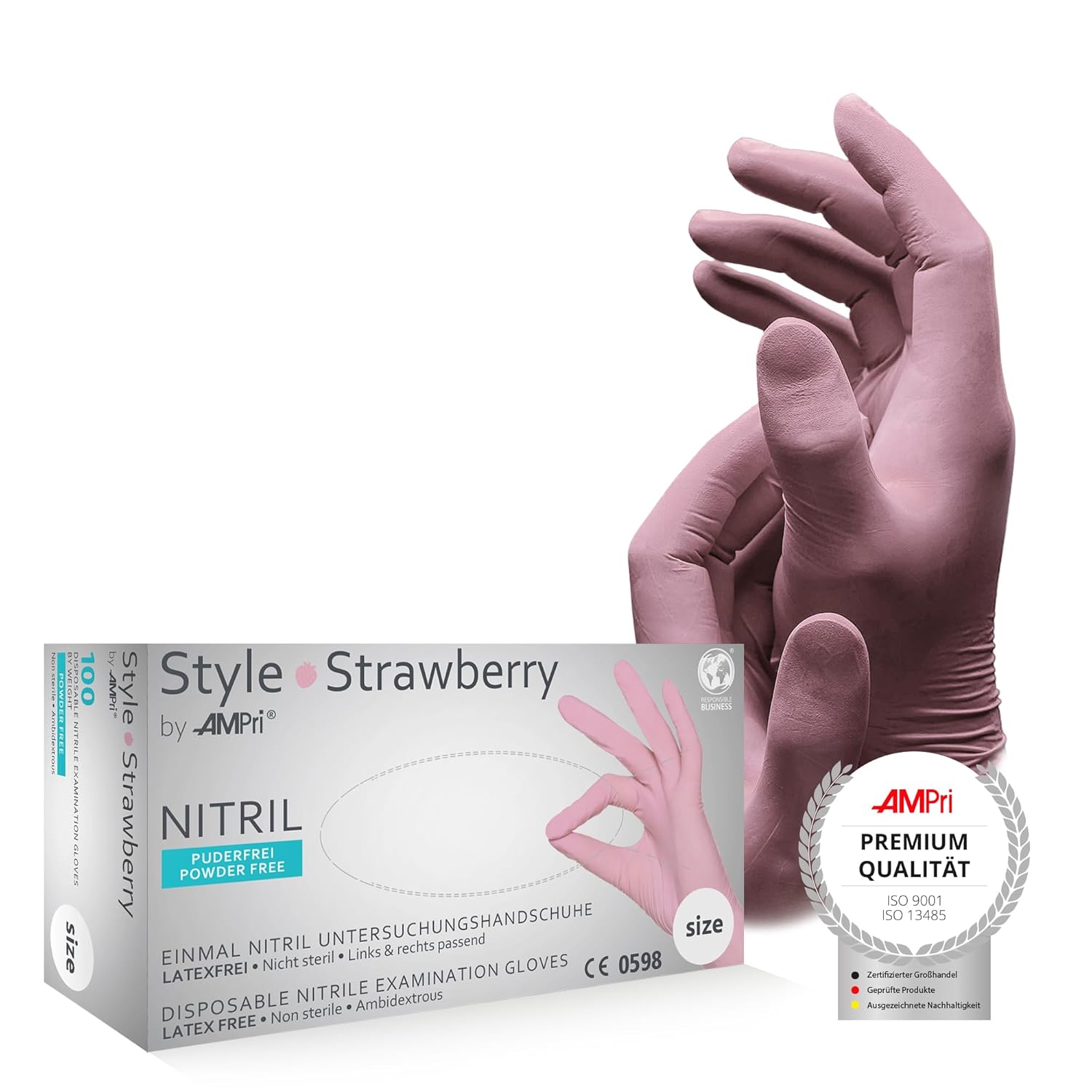 Bild von AMPri Nitrilhandschuhe, rosa, 100 Stück/Box, Größe L, puderfrei, Style Strawberry by Med-Comfort: Nitril Einmalhandschuhe, Einweghandschuhe in den Größen XS, S, M, L, XL