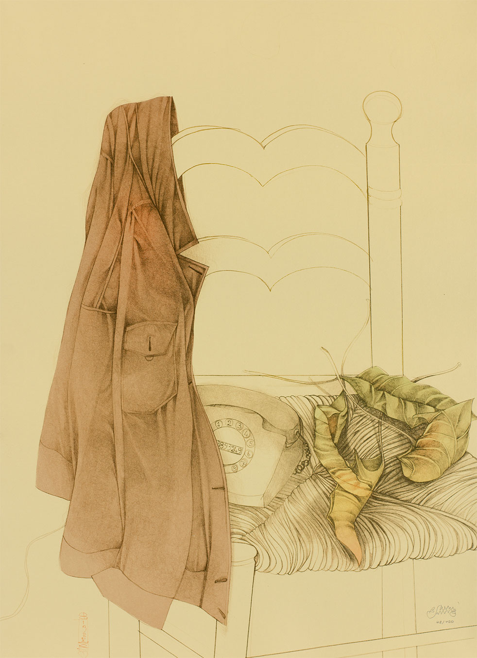 Bild von Bruno Bruni: Bild 'Stillleben mit Stuhl, Telefon und Jacke' (1987), ungerahmt