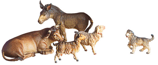 Bild von Krippenfiguren 'Ochse, Esel, Schaf, Ziege und Hund', Holz handbemalt