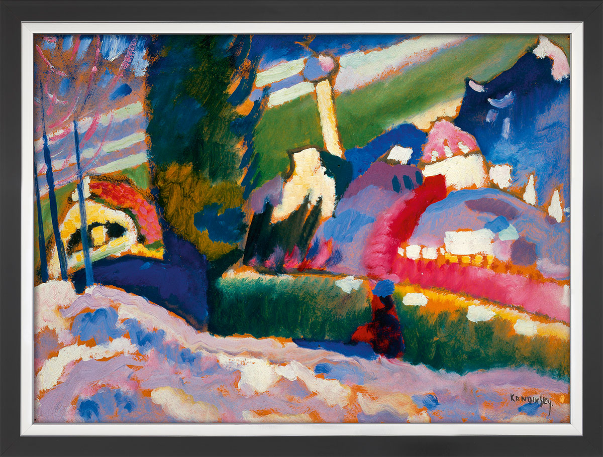 Bild von Wassily Kandinsky: Bild 'Winterlandschaft mit Kirche' (1910-1911), Version schwarz-silberfarben gerahmt