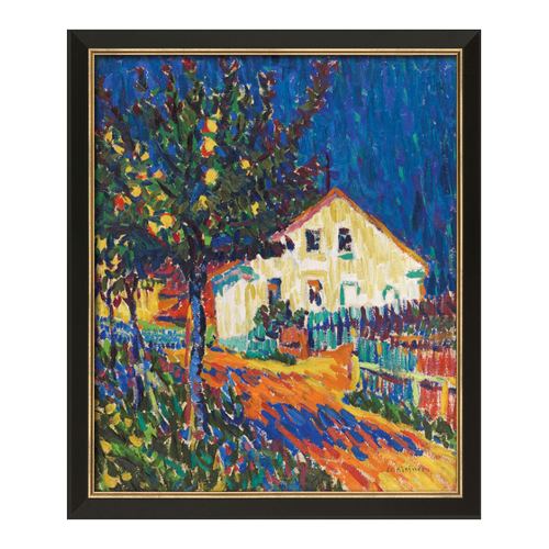 Bild von Ernst Ludwig Kirchner: Bild 'Dorfstraße mit Apfelbäumen' (1907), Version schwarz-goldfarben gerahmt