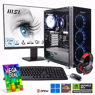 Bild von Hyrican MegaDeal Gaming-PC Draco XD SET2481 7373 + MSI PRO MP273ADE + Maus, Tastatur & Headset (AMD Ryzen 5 5500, 32 GB, 1000 GB, GeForce RTX 4060), PC, Schwarz