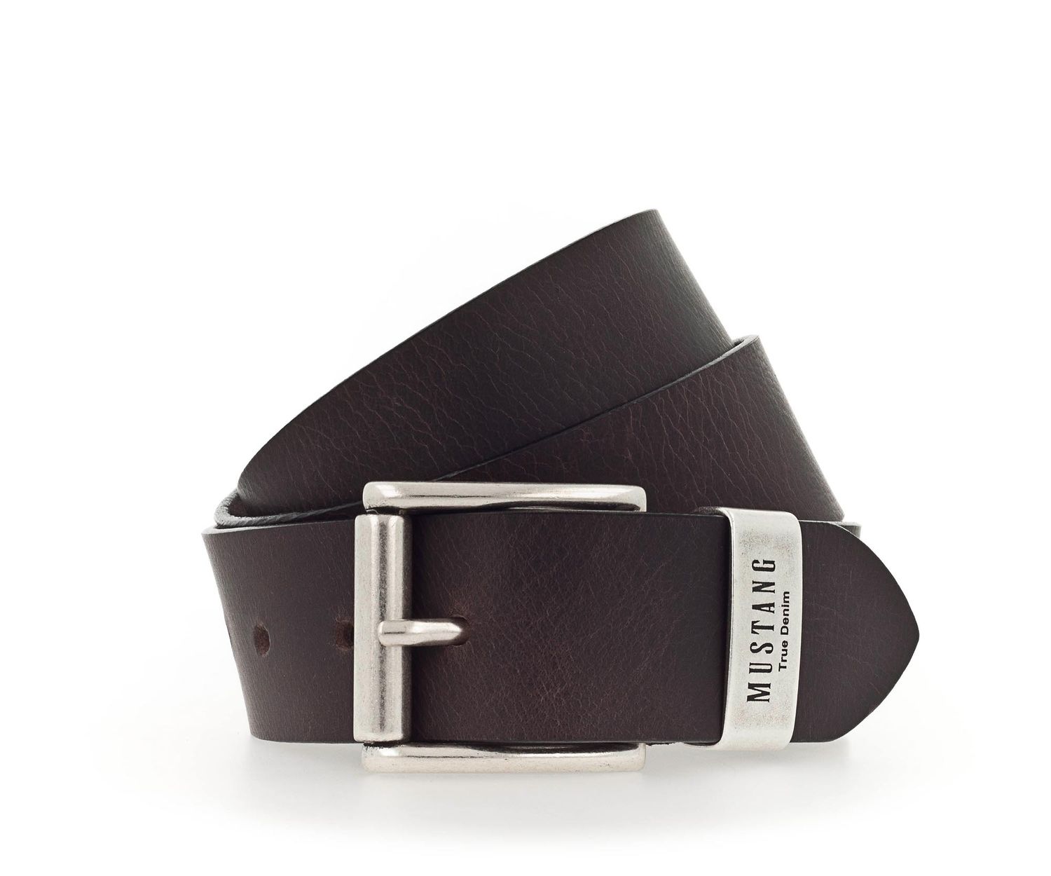 Bild von Mustang Herren Vollledergürtel (40 mm) mit Metallschlaufe aus poliertem Silber dunkelbraun