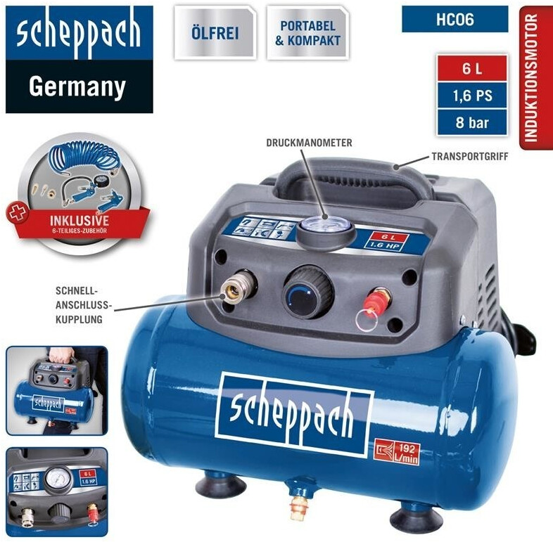 Bild von Scheppach Druckluft Kompressor HC06 ölfrei | 6L Kessel | 8 bar Arbeitsdruck | 1200 Watt Leistung | Ansaugleistung 192 L/min | mobil & kompakt Luftkompressor | inkl. 6-tlg. Zubehörset