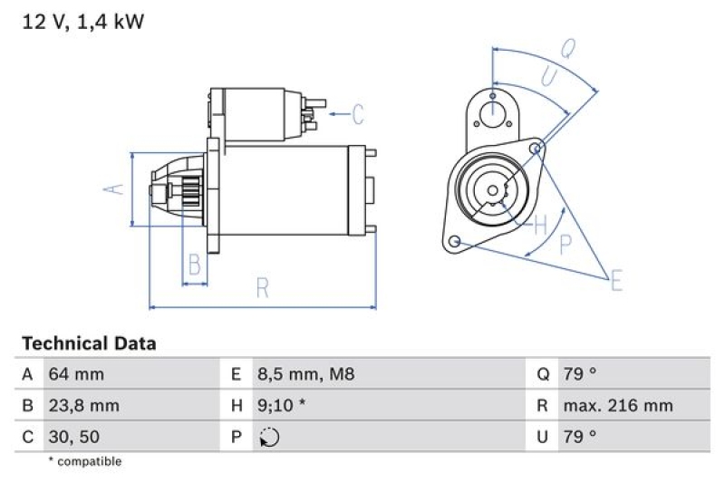Bild von BOSCH 0 986 022 730 Anlasser Starter 12 1,4 10, 9 50, 30 rechts 64 OPEL: Astra H Caravan, Meriva A, Astra H Hatchback
