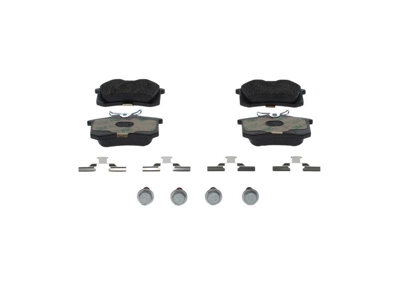 Bild von BOSCH 0 986 494 596 Bremsbelagsatz Bremsbeläge, Bremsklötze, Bremssteine Low-Metallic mit Montageanleitung, mit Anti-Quietsch-Blech, mit Schrauben