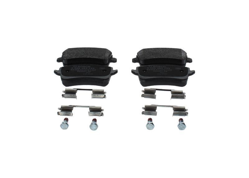 Bild von BOSCH 0 986 494 733 Bremsbelagsatz Bremsbeläge, Bremsklötze, Bremssteine Low-Metallic mit Anti-Quietsch-Blech, mit Schrauben mit Feder, mit Zubehör