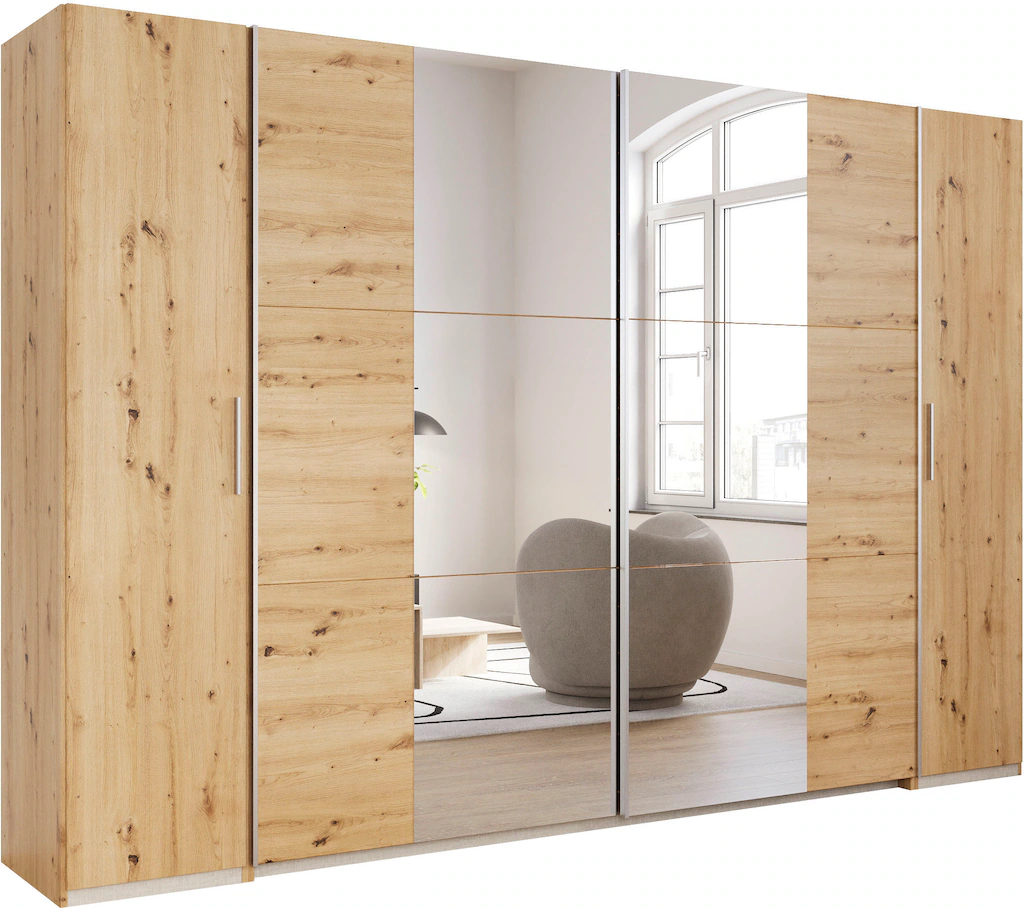 Bild von Rauch Möbel Kronach, Kombischrank, Schrank, Kleiderschrank, Schwebetürenschrank, Eiche Artisan, Holz, mit Spiegel, 4-türig, Inklusive 2 Kleiderstangen, 10 Einlegeböden, BxHxT 311x210x59cm