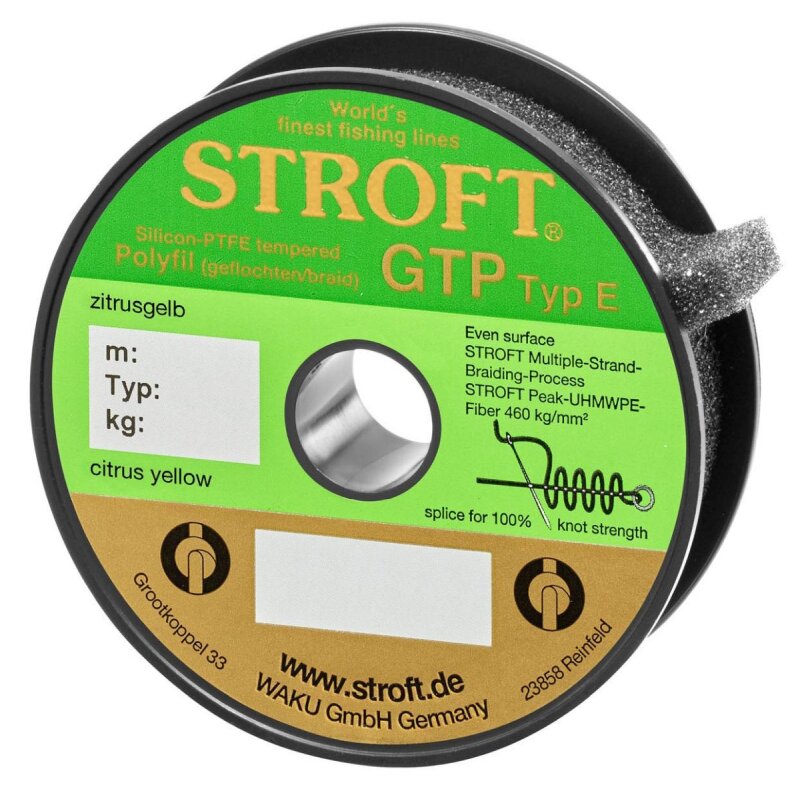 Bild von Stroft Angelschnur Stroft Schnur GTP Typ E geflochten zitrusgelb 250m, 250 m Länge, 0.15 mm Fadendurchmesser, (1-St), 4,75kg Tragkraft